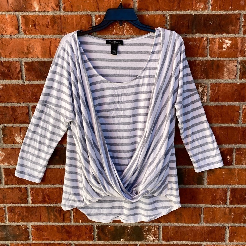 White House Black Market Large Gray Stripe Drape Front Twist Dolman Top
